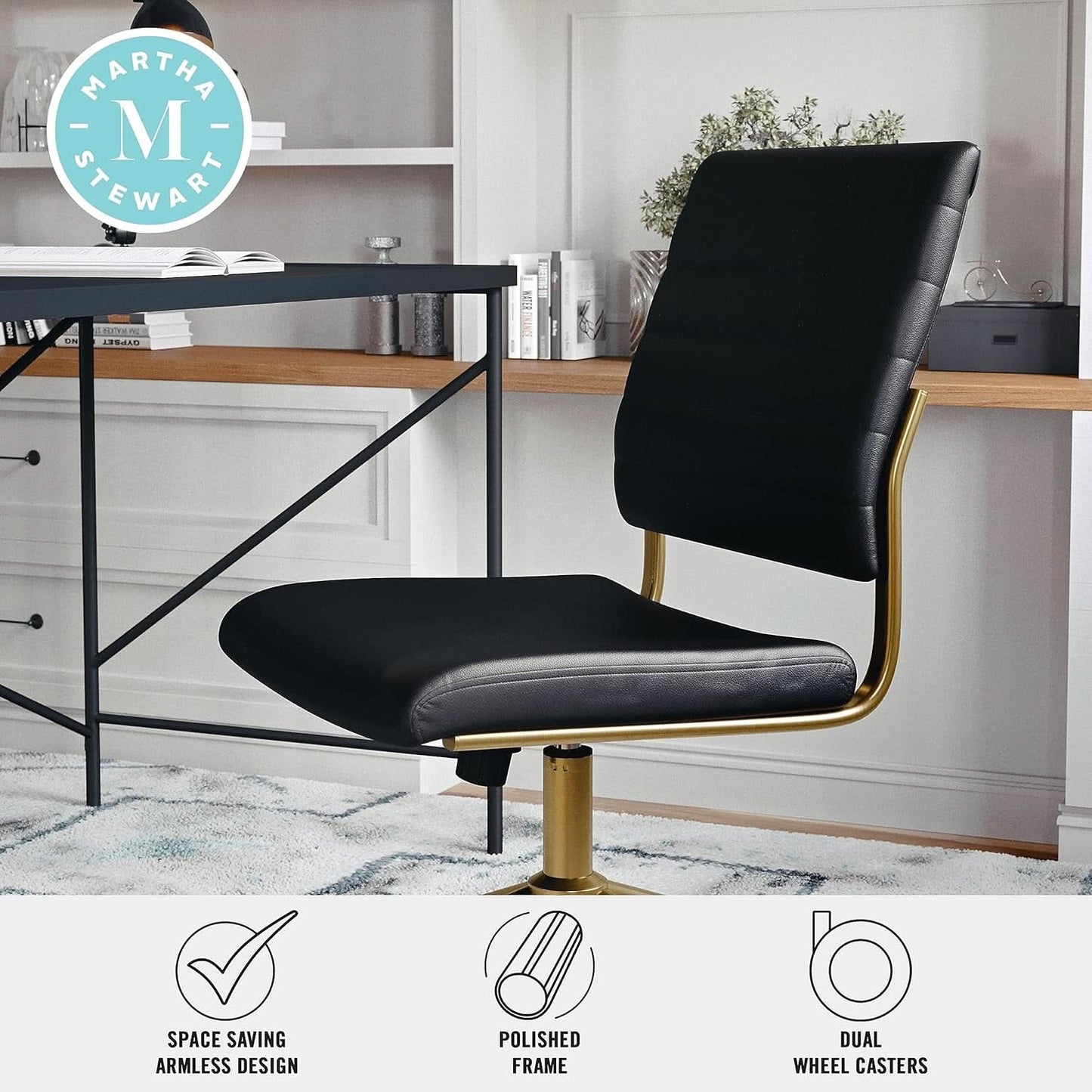 Armless Swivel Task Chair Black Faux Leather Brass Frame-4