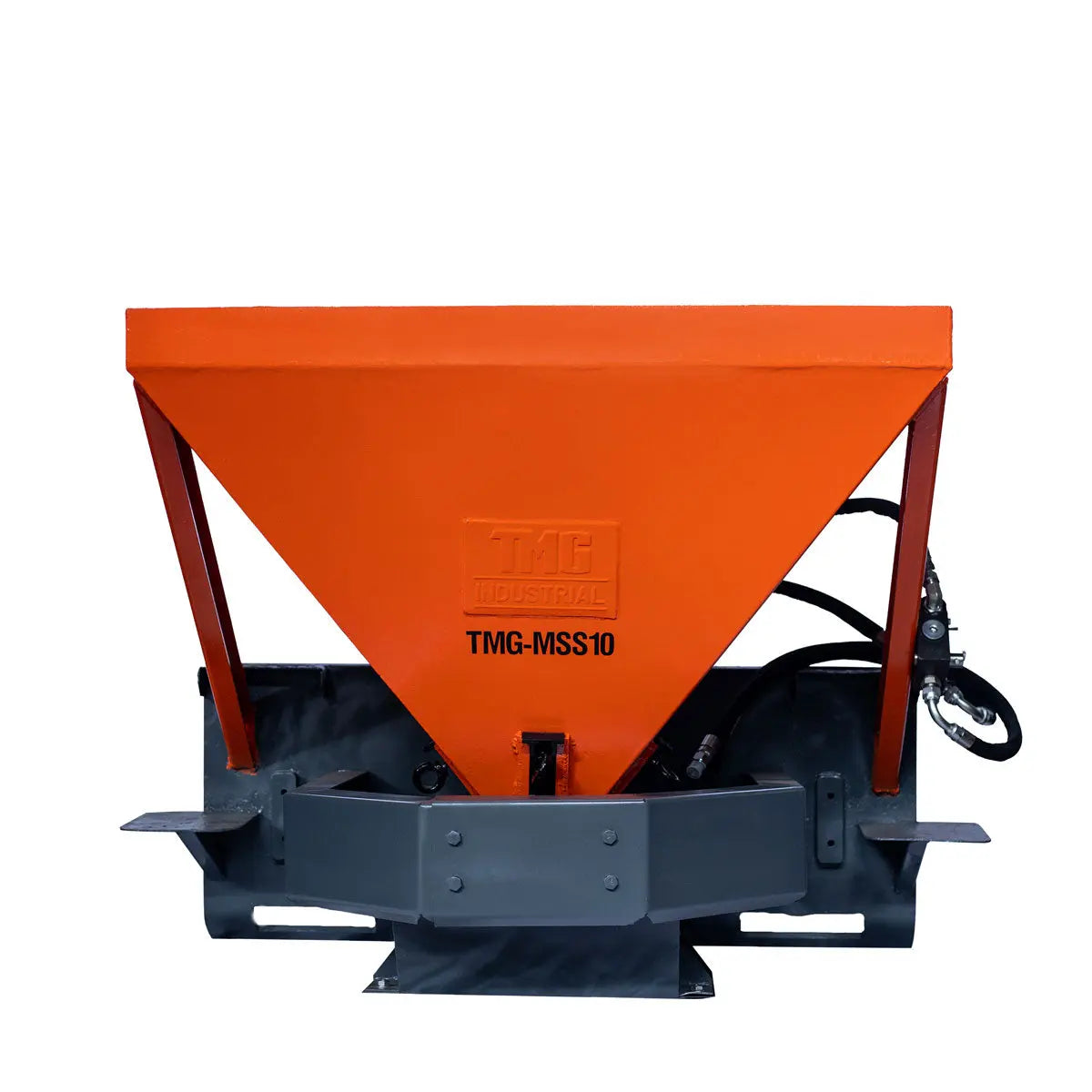 Skid Steer Tilt-N-Scoop Material Spreader, 10 Cu-Ft Capacity, 30' Wide Spread Range, 6.5-12 GPM Flow Rate, Sidewalk Skirt, Universal Mount, TMG-MSS10-4