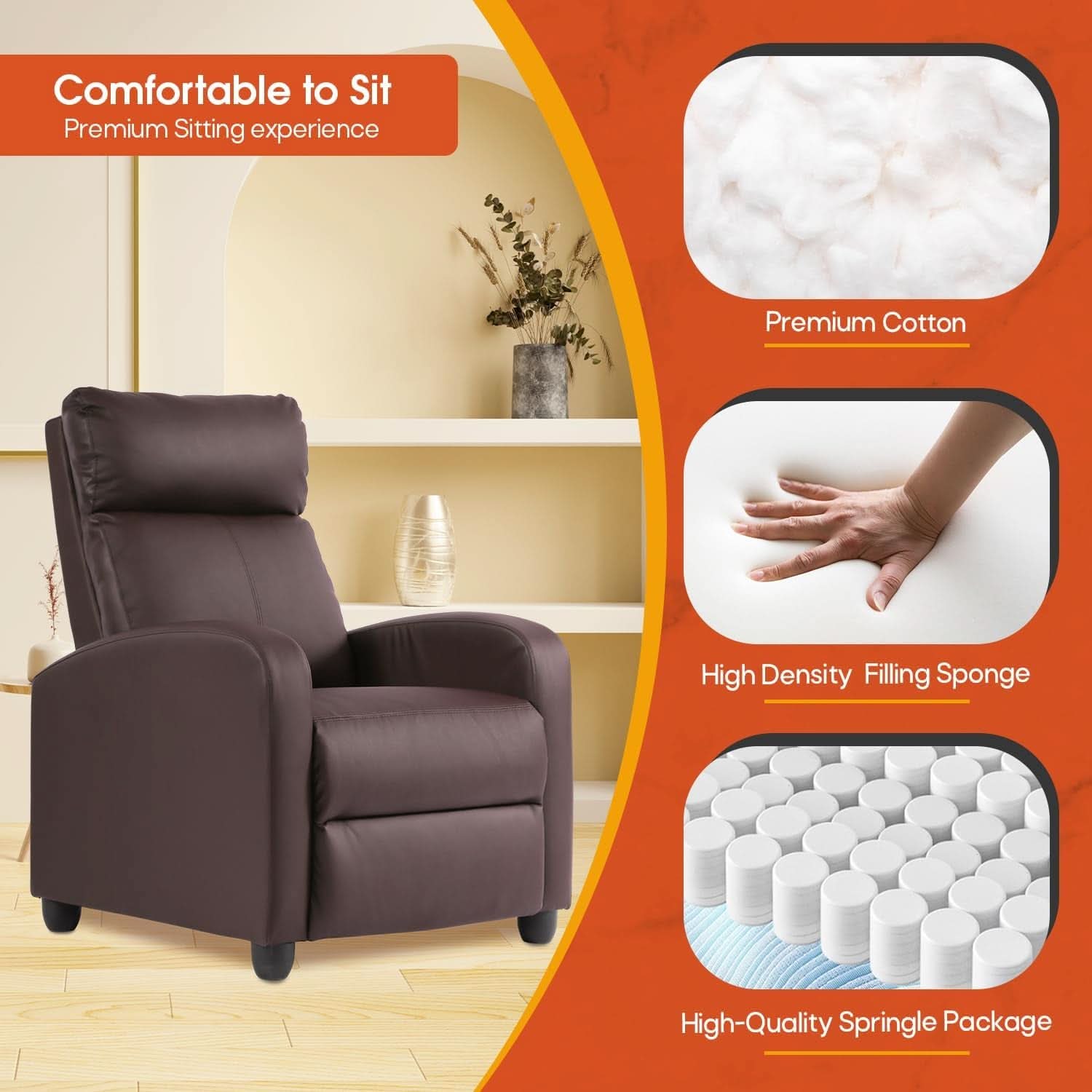 Recliner Chair Brown Adjustable Living Room Armchair-3