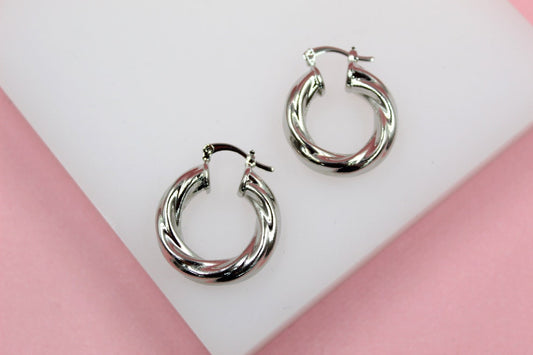 18K Rhodium Filled Twisted Hoop Lever Back Earrings (J105)