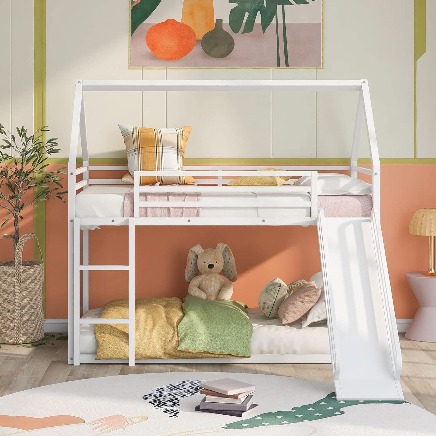 Twin Over Twin Metal Floor Bunk Bed With Slide Playhouse-2