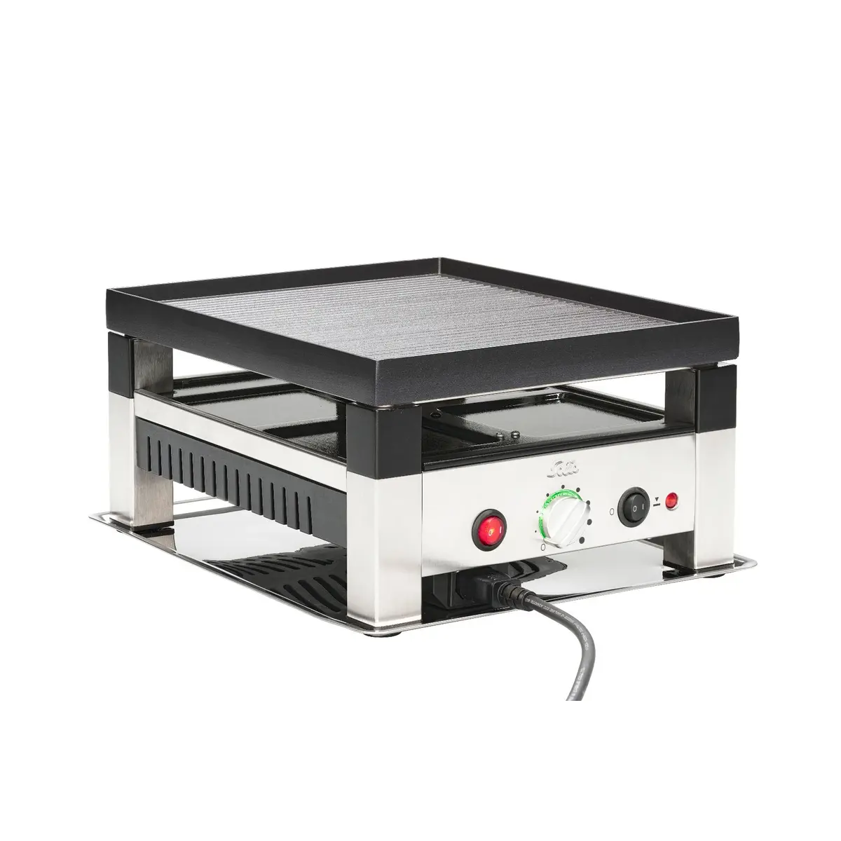 Мултифункционален настолен грил-комплект Solis, 5 в 1 Table Grill SCH 7910, с 4 раклета и 4 уок тигана, включена чиния за палачинки или палачинки и шпатули, незалепваща повърхност за готвене без мазнина, 1200 W, сребрист, черен (SO128)-0