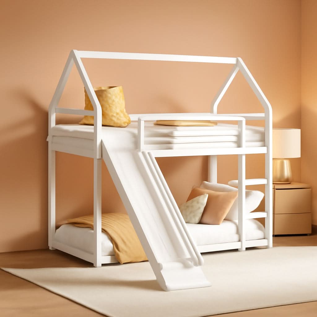 Twin Over Twin Metal Floor Bunk Bed With Slide Playhouse-0
