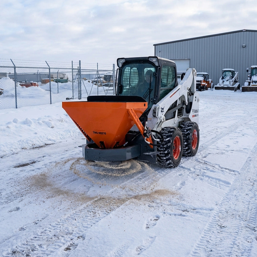 Skid Steer Tilt-N-Scoop Material Spreader, 10 Cu-Ft Capacity, 30' Wide Spread Range, 6.5-12 GPM Flow Rate, Sidewalk Skirt, Universal Mount, TMG-MSS10-2