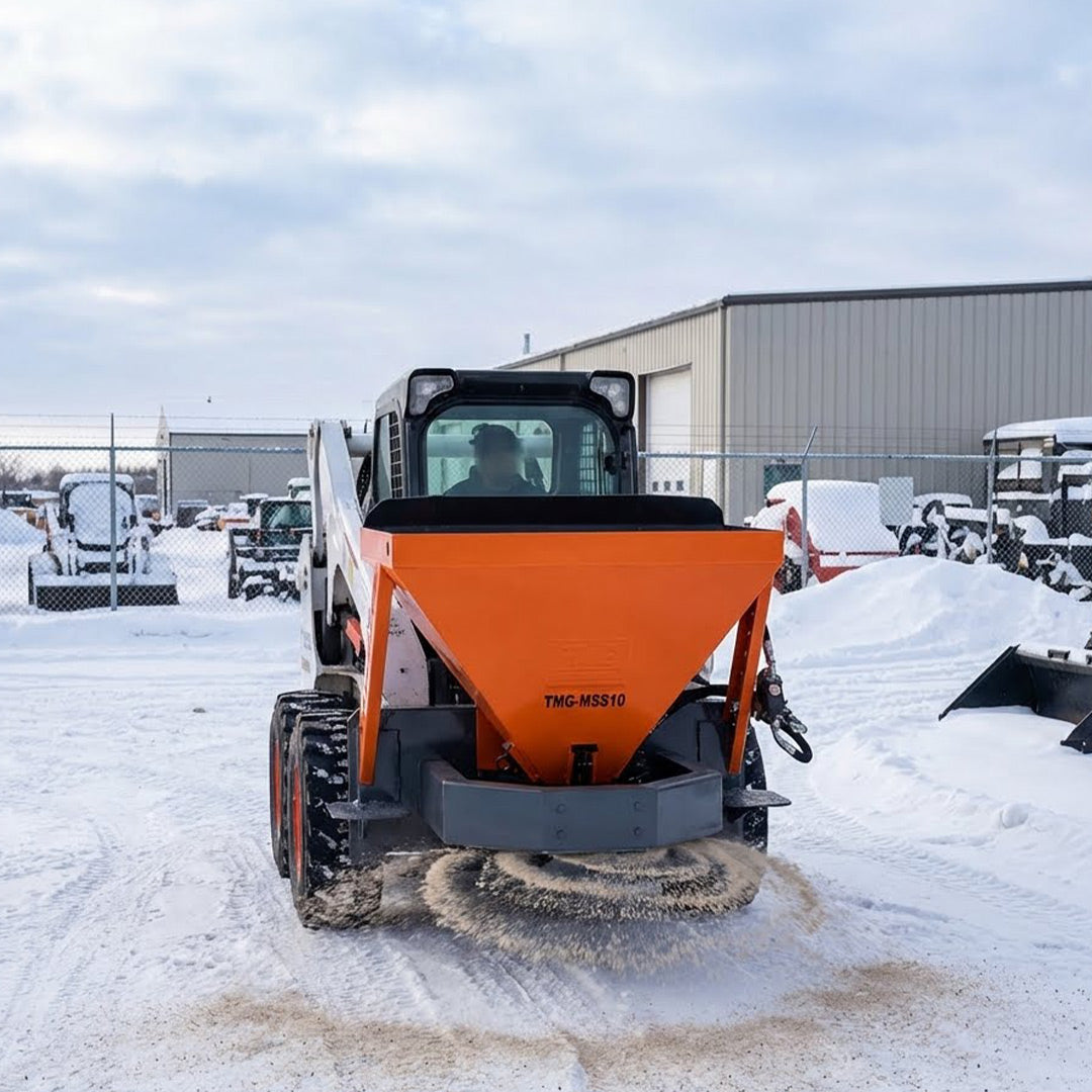 Skid Steer Tilt-N-Scoop Material Spreader, 10 Cu-Ft Capacity, 30' Wide Spread Range, 6.5-12 GPM Flow Rate, Sidewalk Skirt, Universal Mount, TMG-MSS10-3