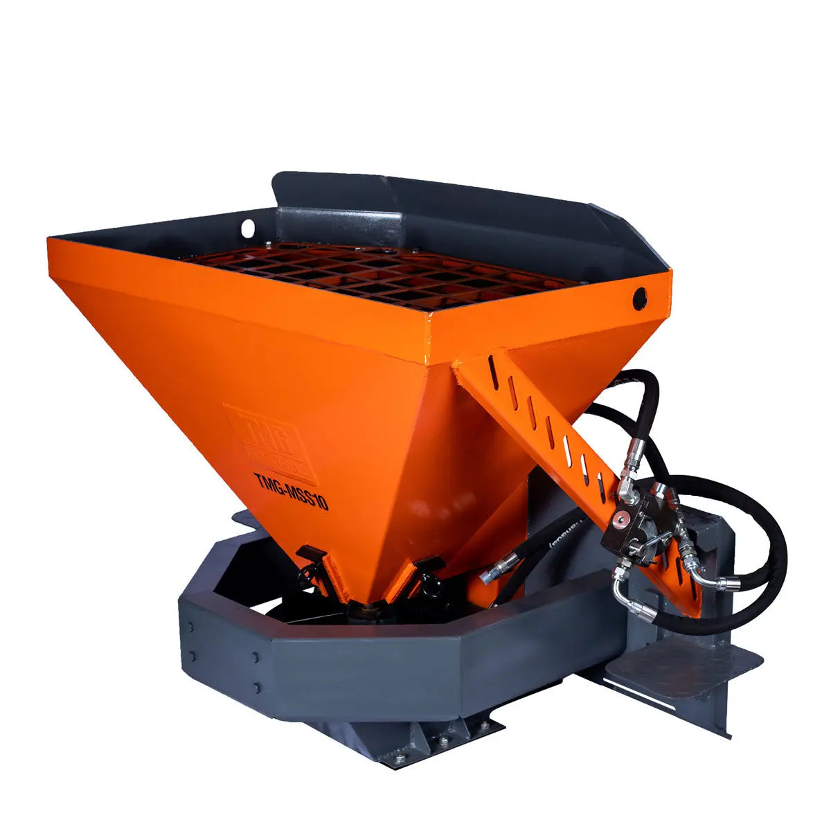 Skid Steer Tilt-N-Scoop Material Spreader, 10 Cu-Ft Capacity, 30' Wide Spread Range, 6.5-12 GPM Flow Rate, Sidewalk Skirt, Universal Mount, TMG-MSS10-0