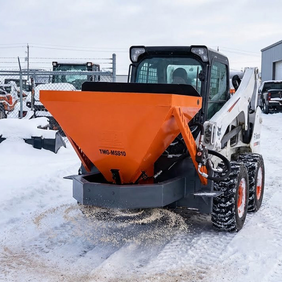 Skid Steer Tilt-N-Scoop Material Spreader, 10 Cu-Ft Capacity, 30' Wide Spread Range, 6.5-12 GPM Flow Rate, Sidewalk Skirt, Universal Mount, TMG-MSS10-1