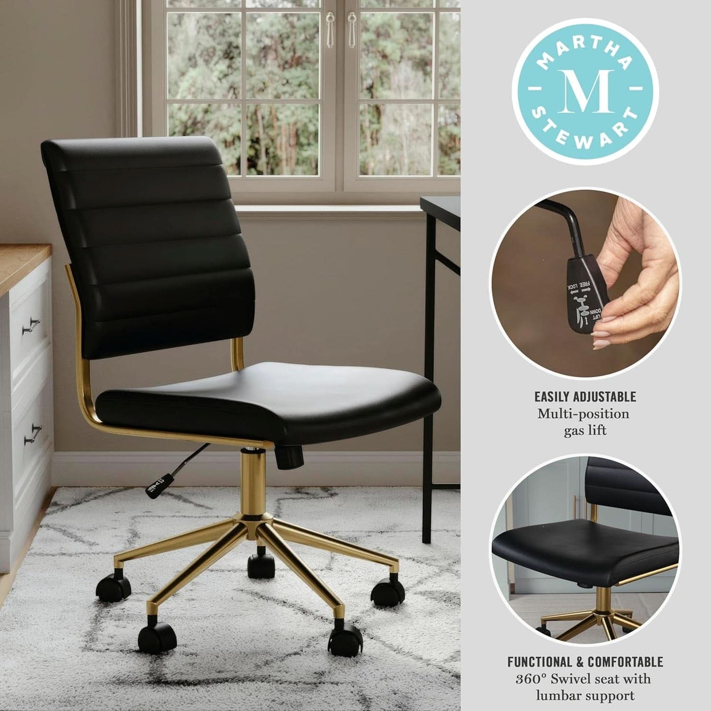 Armless Swivel Task Chair Black Faux Leather Brass Frame-3