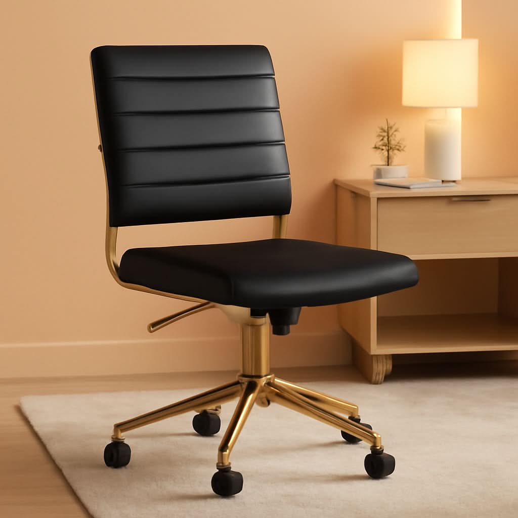 Armless Swivel Task Chair Black Faux Leather Brass Frame-0