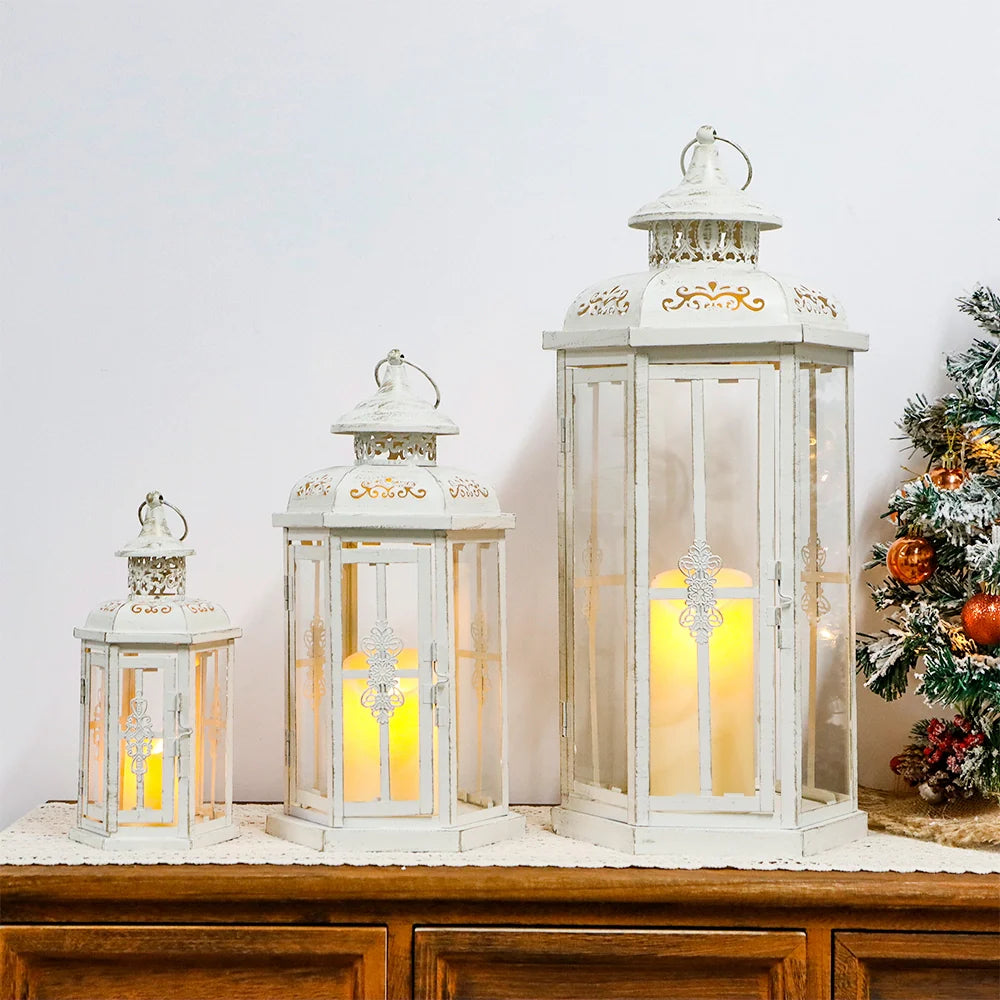 Set of 3-20''&14"&10" H Candle Lanterns (White with Gold Brush)-3