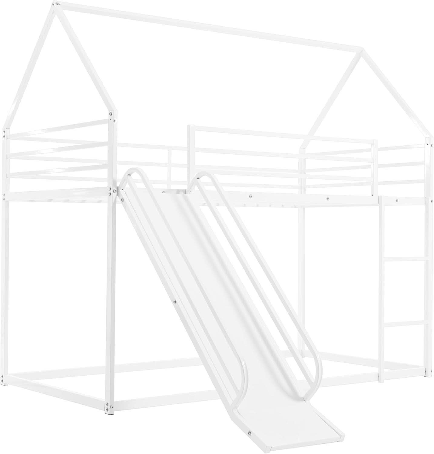 Twin Over Twin Metal Floor Bunk Bed With Slide Playhouse-3