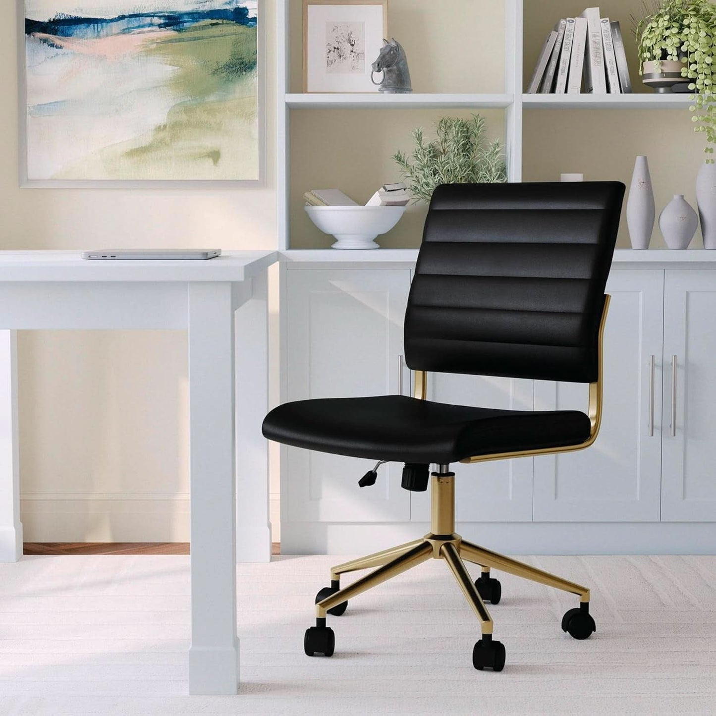 Armless Swivel Task Chair Black Faux Leather Brass Frame-1