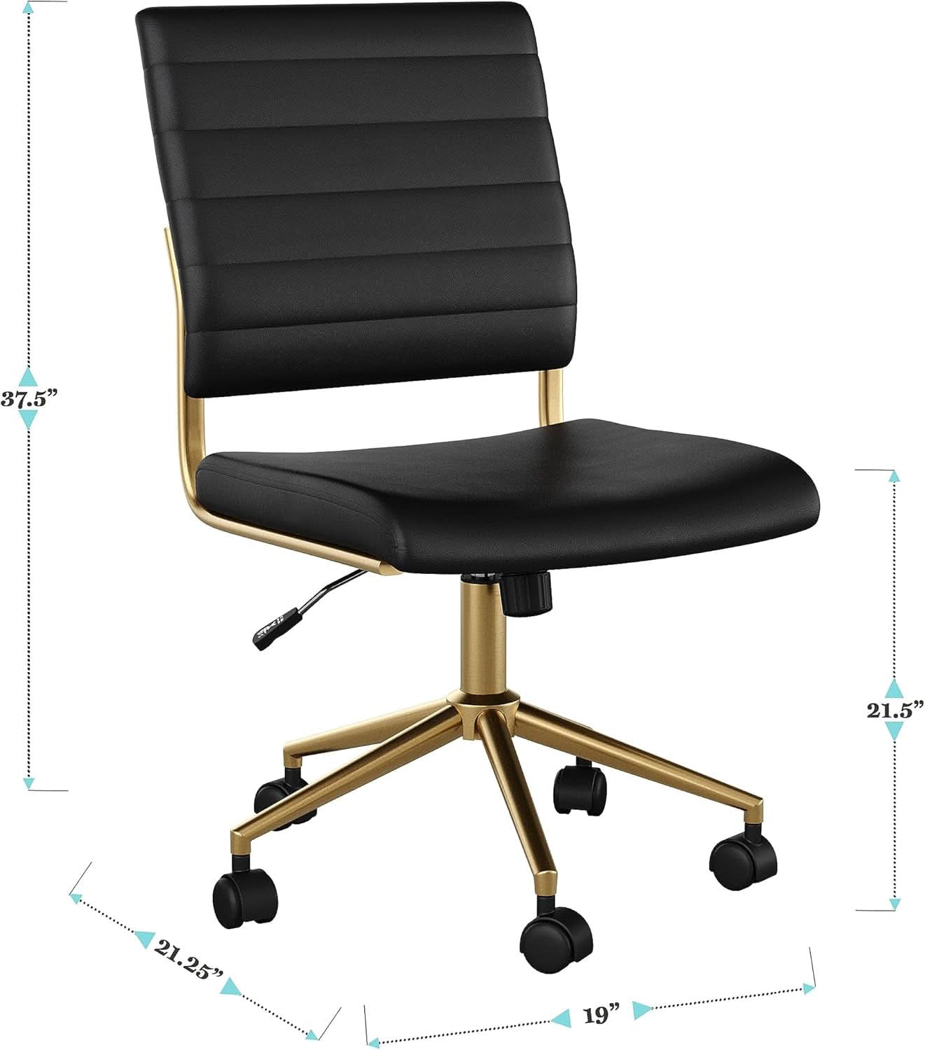 Armless Swivel Task Chair Black Faux Leather Brass Frame-2