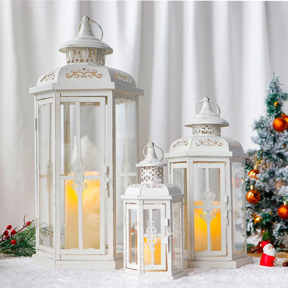 Set of 3-20''&14"&10" H Candle Lanterns (White with Gold Brush)-1
